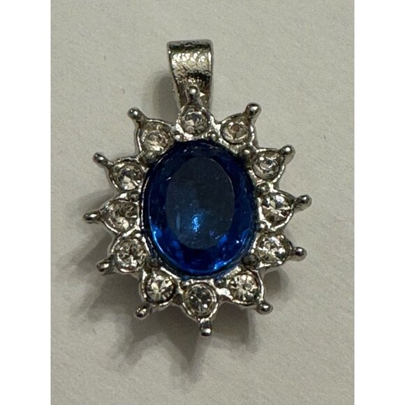 Jewelry Necklace Pendant Blue Center Oval Silver-Tone White Clear Rhinestones - Picture 4 of 5